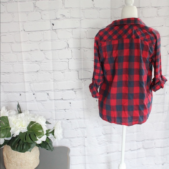 Passport Red & Blue Plaid Roll-Tab Sleeve Blouse - Picture 3 of 4